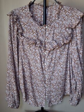 Gap Women's Tan & Ivory Floral Top W/Ruffle Details; Size S